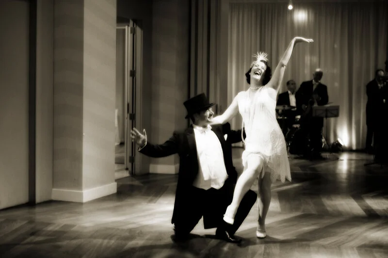 Couple dancing in a black and white photo